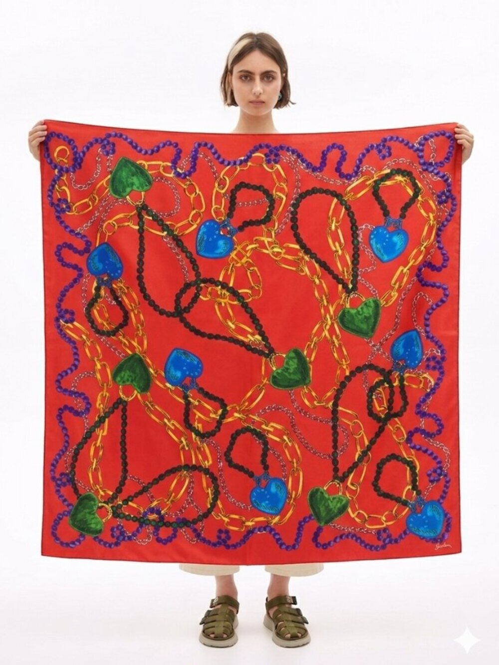 Bimba y Lola Silk Scarf Heart Chain Red Statement Square
